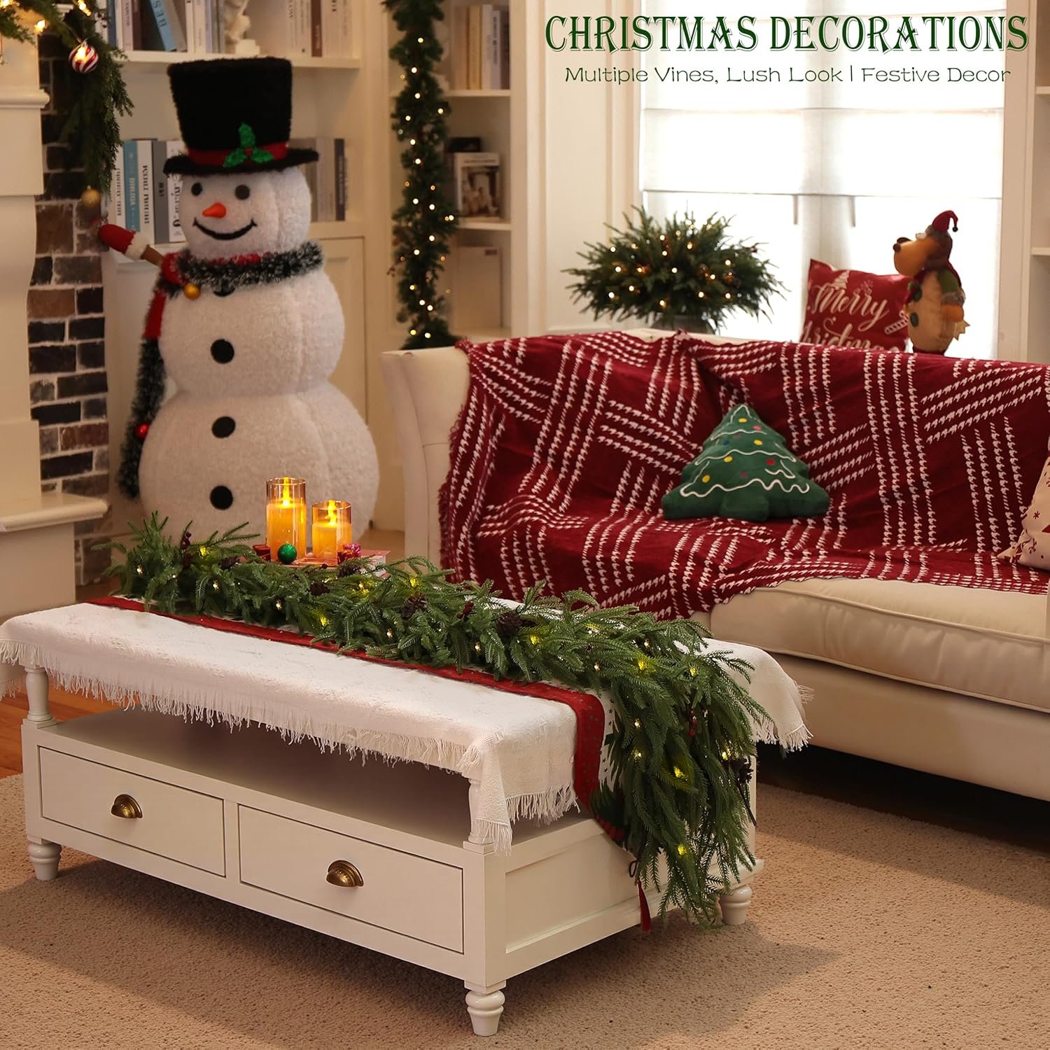 2 Pcs 6 Feet Christmas Garland - Realistic Norfolk Pine Garland - Real Touch Greenery Garland for Table,Mantle,Fireplace,Wall,Indoor Outdoor - Christmas Decorations - Free Battery LED Lights - Image 6