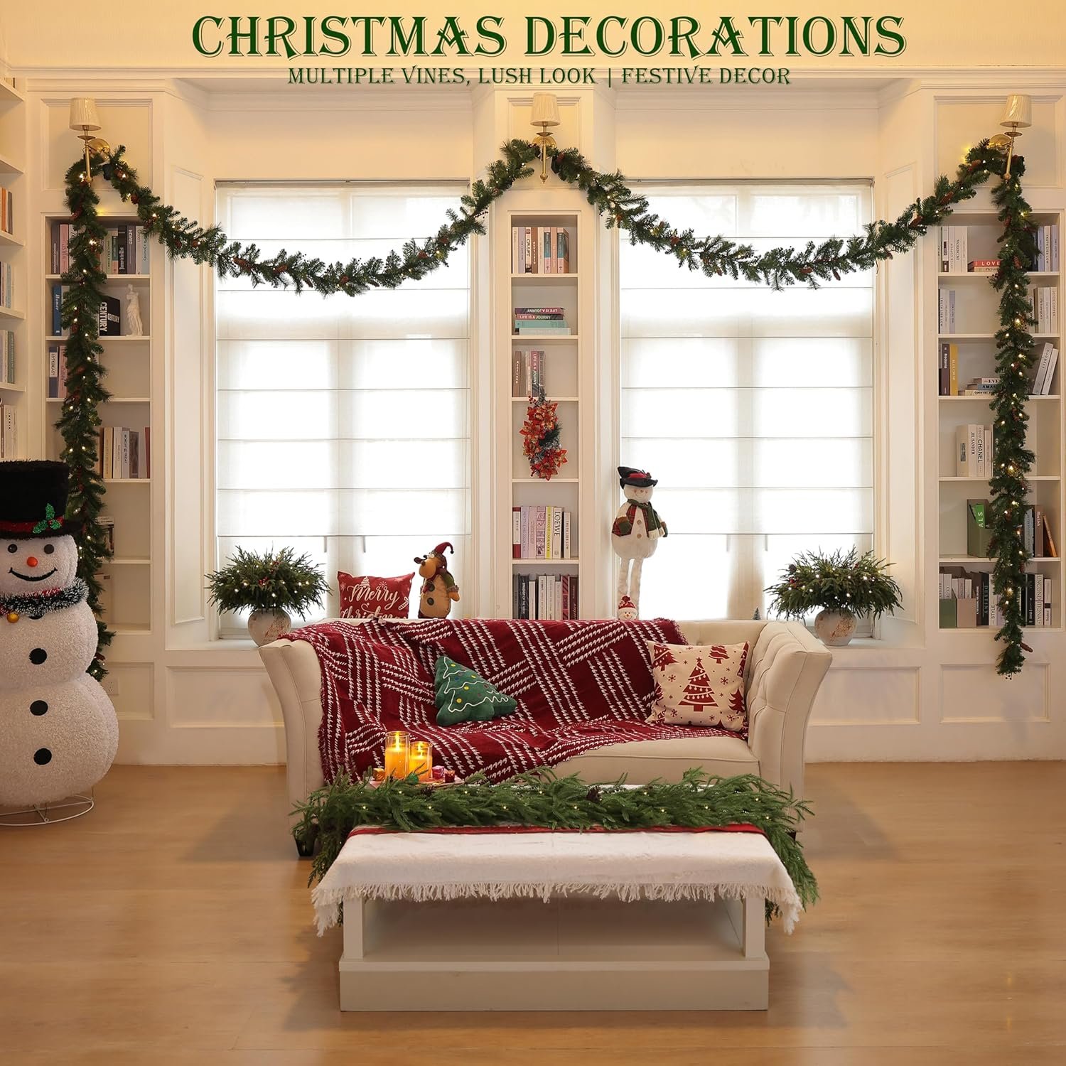 2 Pcs 6 Feet Christmas Garland - Realistic Norfolk Pine Garland - Real Touch Greenery Garland for Table,Mantle,Fireplace,Wall,Indoor Outdoor - Christmas Decorations - Free Battery LED Lights - Image 7