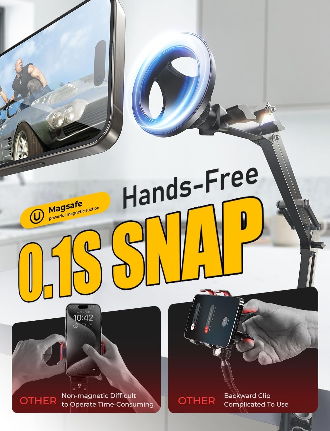 LISEN Gooseneck Phone Holder for Bed Magsafe Phone Stand for iPhone 16 15 Stand Holder for Desk Adjustable for Magsafe Accessories Recording for iPhone Mount Dark Gray - Image 3