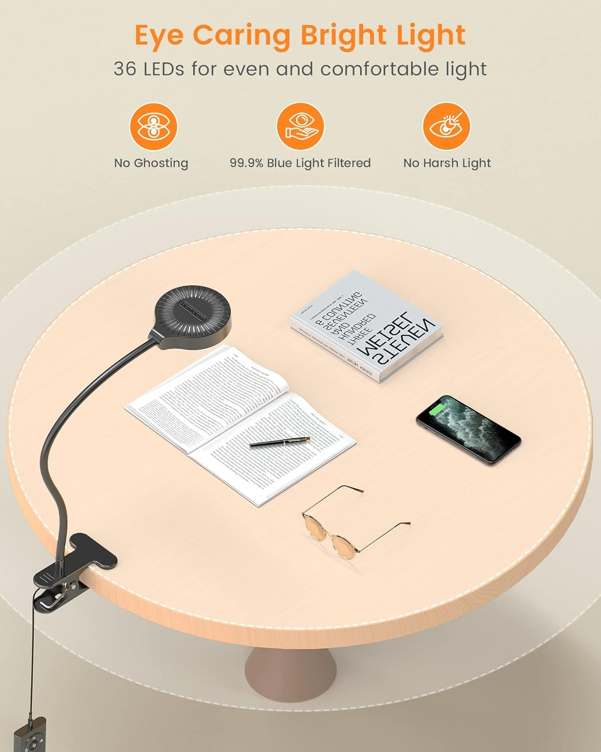 Glocusent 5W 36 LED Reading Clip on Light for Bed, Eye Caring Bed Lamp, 3 Colors & 5 Brightness Levels for Headboard with Adapter, Perfect for Reading, Working & Studying (Black) - Image 3