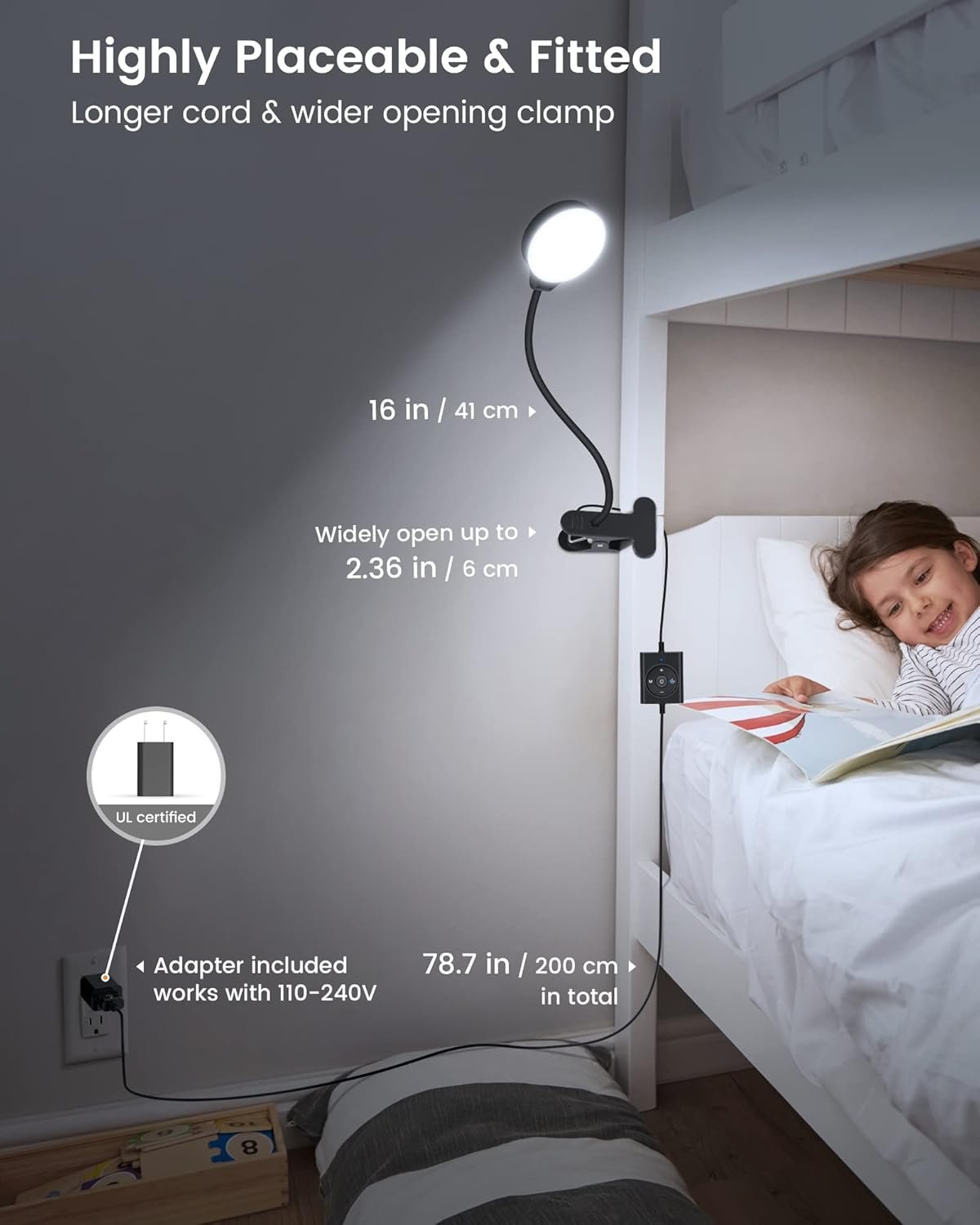 Glocusent 5W 36 LED Reading Clip on Light for Bed, Eye Caring Bed Lamp, 3 Colors & 5 Brightness Levels for Headboard with Adapter, Perfect for Reading, Working & Studying (Black) - Image 7