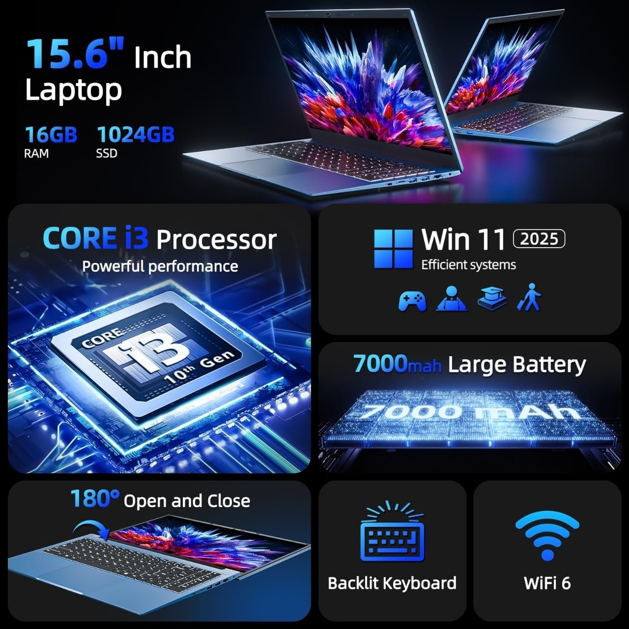 SGIN 15.6 Inch Laptop Computer, Win 11 Laptops with 16GB RAM 1024GB SSD, Core i3 CPU(Up to 3.9GHz), Backlit Keyboard, 53.2WH Battery, WiFi 6, IPS FHD Display, 180° Viewing, HDMI, Type-C - Image 3
