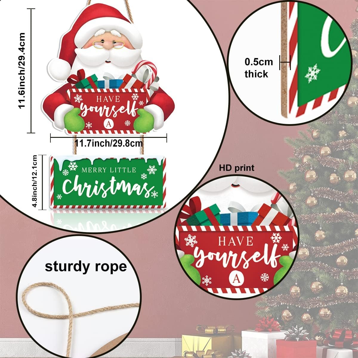 LHIUEM Have Yourself A Merry Little Christmas Wooden Hanging Sign, Santa Claus Xmas Welcome Door Decor, Outdoor Indoor Christmas Decorations for Home Winter Party Holiday Decor - Image 3