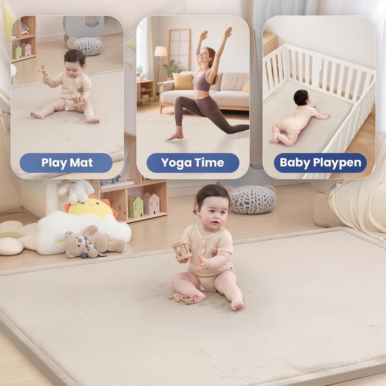 Baby Play Mat for Floor,1.3" Thick Memory foam Tummy Time Mat,Soft Coral Velvet Nursery Rug for Toddlers,Infants,kids,Extra Large Non Slip for Crawling,Yoga,Tatami Style for Living Room(Beige) - Image 7