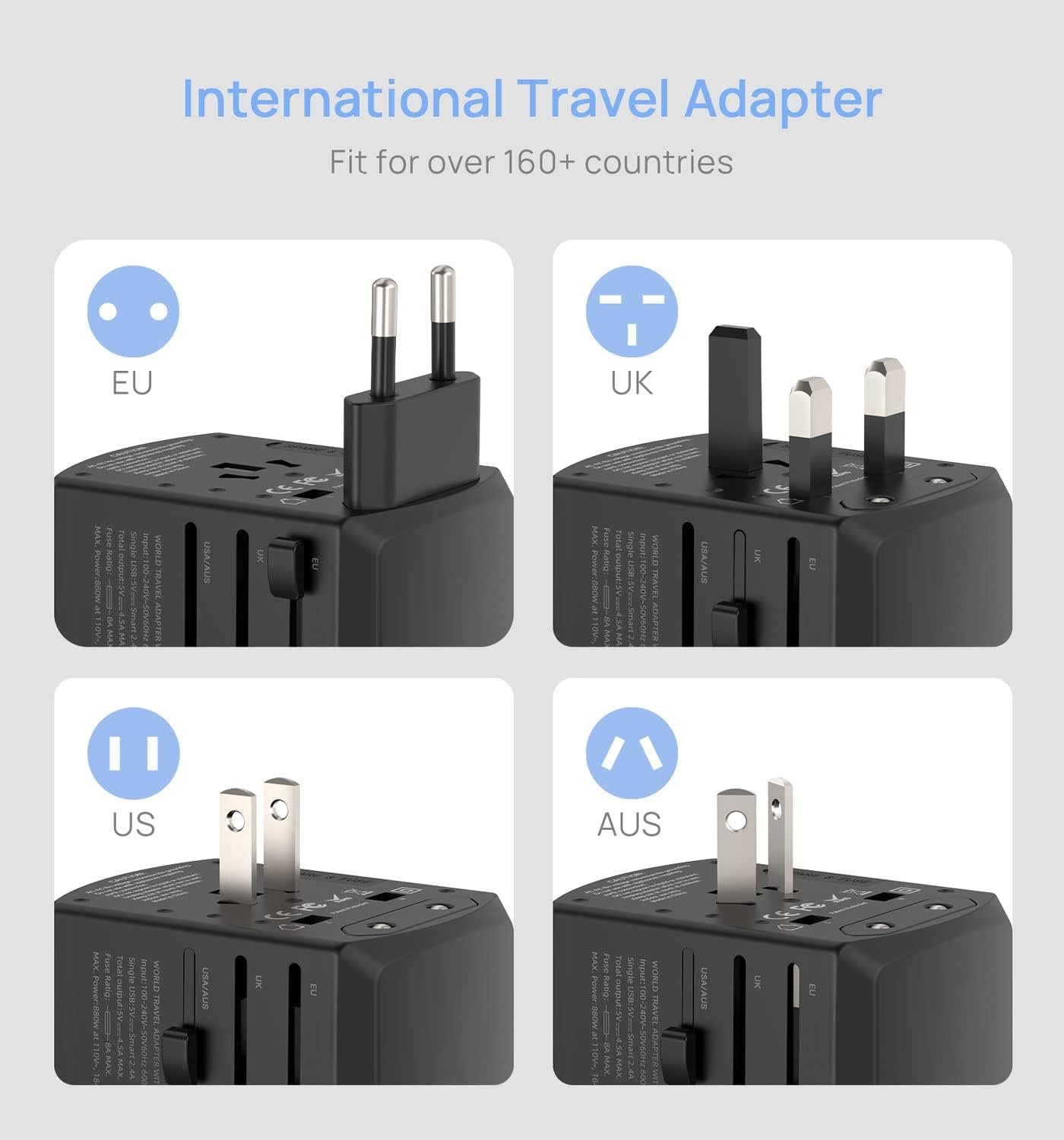 Universal Travel Adapter, SCOOFEX International Plug Adapter with 4 USB Ports（2.4A）, AC Outlet Worldwide Wall Power Charger Converters for USA EU Europe UK AUS (Type C/G/A/I) Black-4USB - Image 3