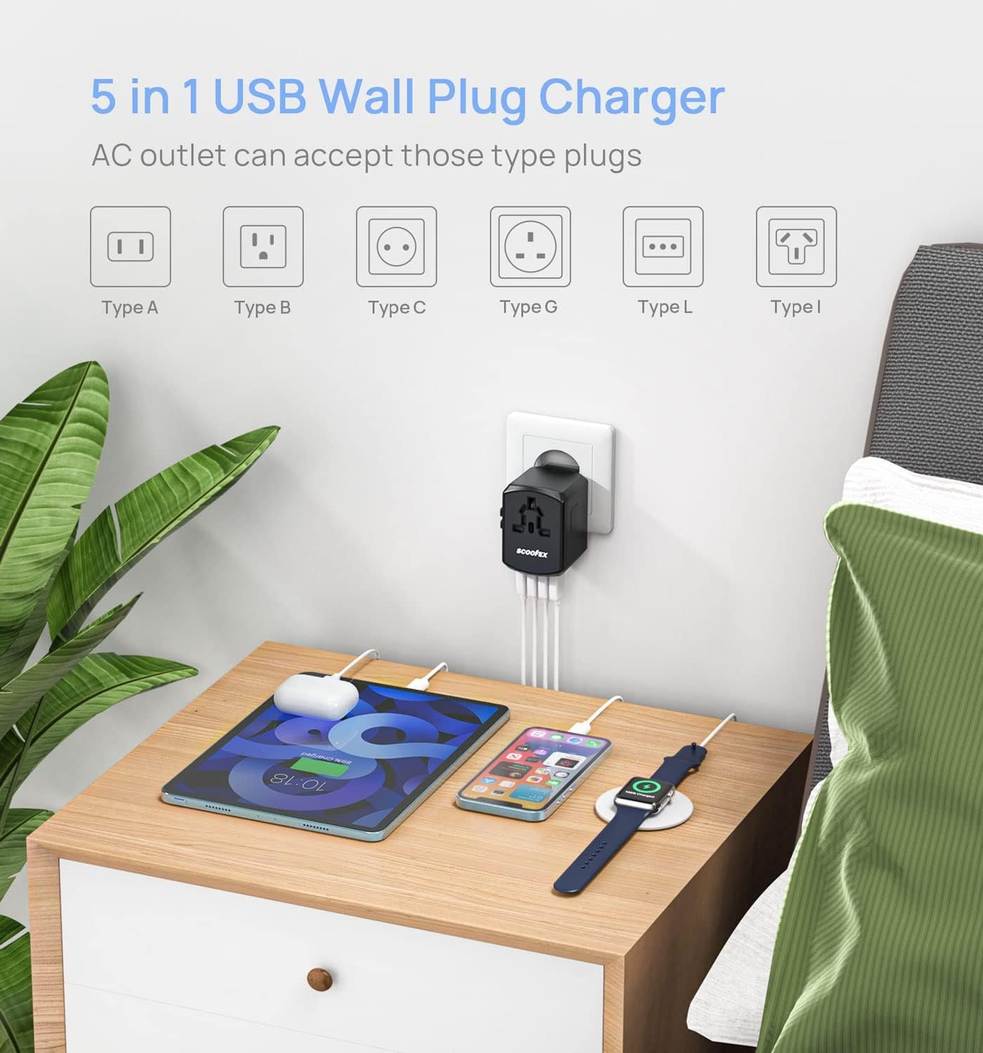 Universal Travel Adapter, SCOOFEX International Plug Adapter with 4 USB Ports（2.4A）, AC Outlet Worldwide Wall Power Charger Converters for USA EU Europe UK AUS (Type C/G/A/I) Black-4USB - Image 7