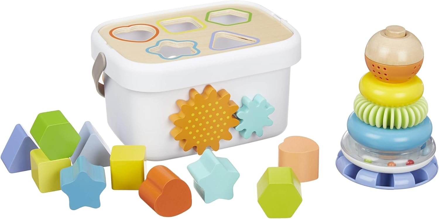 Amazon Basics Wooden Shape Sorter and Rainbow Stacker Classic Baby Toy Set-Sorting Play For Infants Age 12M+, Medium, Multicolor - Image 2
