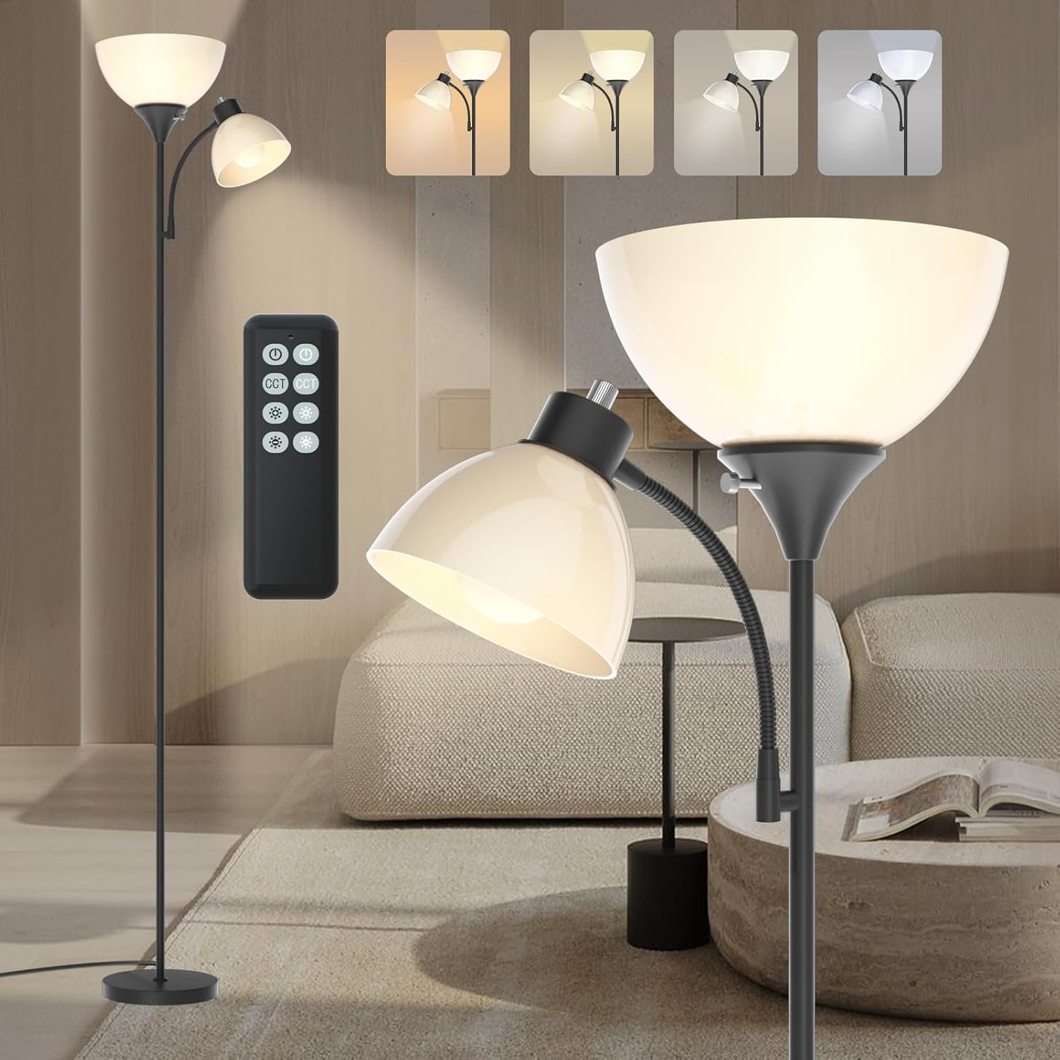 GERGO Led Floor Lamp, Super Bright 11W+7W 2100LM Torchiere Floor Lamps for Living Room, Stepless Adjustable 4 Color Temperatures 3000K-6000K with Remote Control for Bedroom (Matte Black) - Image 2