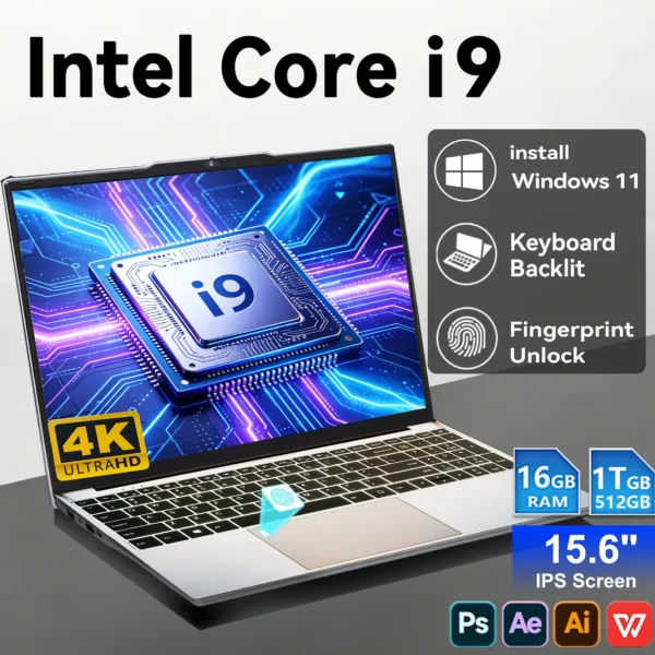 2026 15.6″ Windows 11 i9 Laptop Computer Intel Core i9 10980HK 16GB 1TB Laptops Office Computer Fingerprint Unlock Notebook PC