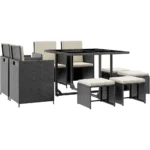Space Saving Wicker Chairs with Glass Table and Ottomans, Cushioned Seatin，9 Pieces Patio Dining Sets Outdoor Conversation Sets