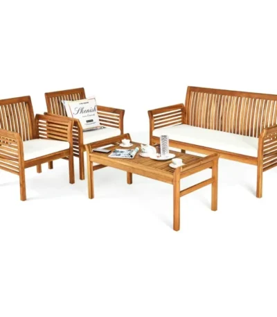 4 Piece Outdoor Acacia Wood Sofa Set with Water Resistant Cushions, Padded Patio Conversation Table Chair Set w/Coffee Table 1