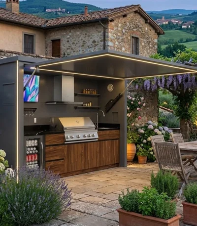 Aluminum Outdoor Kitchen Suite Modular Cabinets with Integrated Grill Island LED Ambient Lighting Complete Garden Station 1