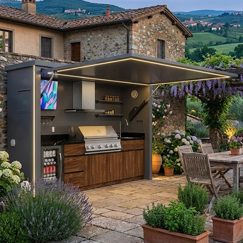 Aluminum Outdoor Kitchen Suite Modular Cabinets with Integrated Grill Island LED Ambient Lighting Complete Garden Station Aluminum Outdoor Kitchen Suite Modular Cabinets with Integrated Grill Island LED Ambient Lighting Complete Garden Station