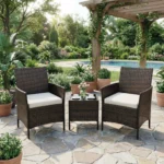 3-Piece Outdoor Patio Bistro Set – PE Rattan Wicker Chairs with Soft Cushions, Glass Coffee Table, Small Porch Furniture for Backyard, Balcony, Poolside