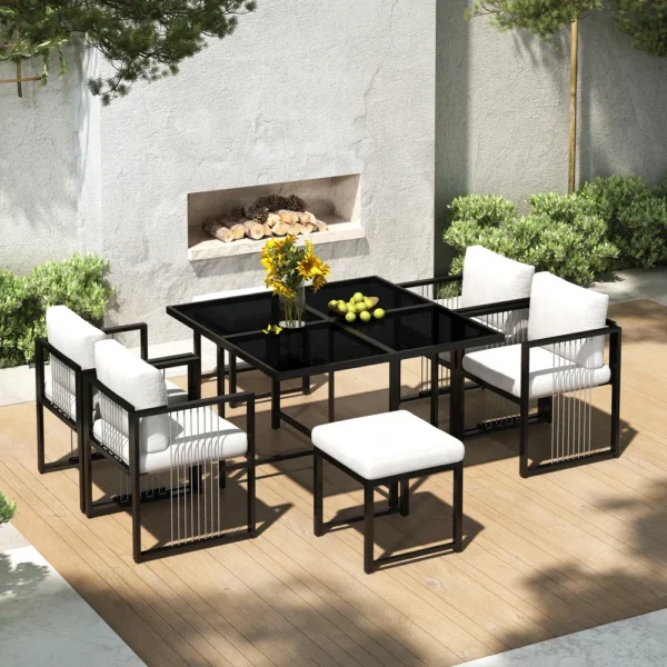 PINGGO 7-Piece Outdoor Dining Table And Chair Set for 6 People Glass Table Suitable for Courtyard Or Garden Meals