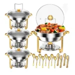 2/4 Pack 5L Chafing Dish Buffet Set with Glass Lids Stainless Steel Gold Rim Chafers and Buffet Warmers Sets for Catering