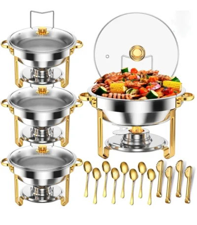 2/4 Pack 5L Chafing Dish Buffet Set with Glass Lids Stainless Steel Gold Rim Chafers and Buffet Warmers Sets for Catering 1