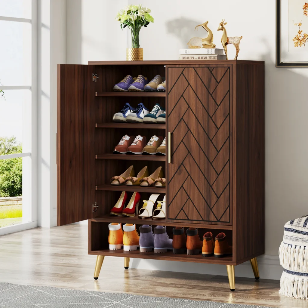 Tribesigns 6-Tier Shoe Cabinet with Doors, Walnut Wooden Shoe Storage Cabinet with Adjustable Shelves for Entryway 1