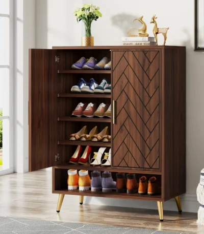 Tribesigns 6-Tier Shoe Cabinet with Doors, Walnut Wooden Shoe Storage Cabinet with Adjustable Shelves for Entryway 1