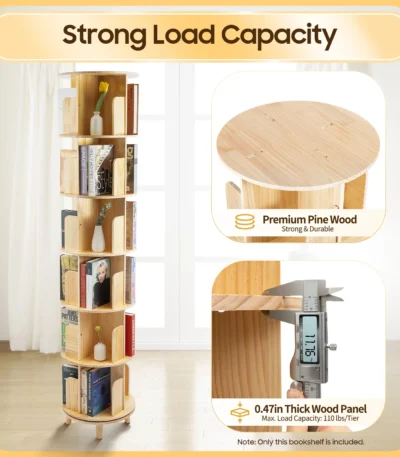 360° Rotating Bookshelf 6-Tier Kids Book Storage Organizer with Large Capacity for Living Room Study Nursery Wooden Freestanding 1