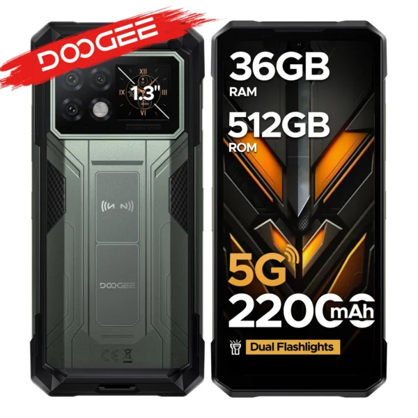 DOOGEE S200 Max 5G Rugged Phone 22000mAh Battery 1.3″ Rear Display 36GB(16+20) 512GB Dual Light Flashlight 108MP AI Camera Phone