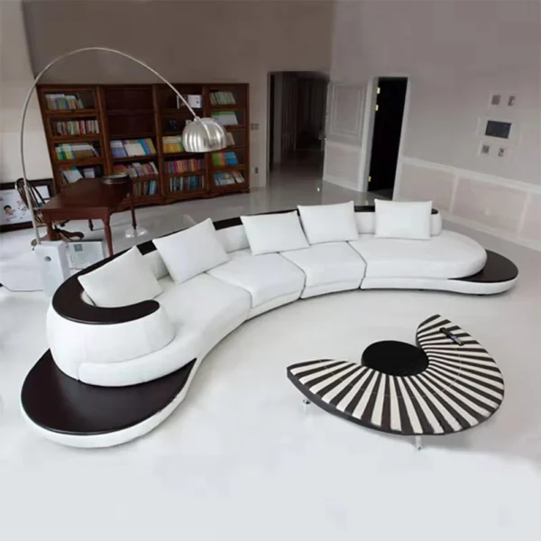 Luxury Modern Curved Genuine Leather Sofa Sectional Couch White and Black Design Living Room Contemporary Home Decoration