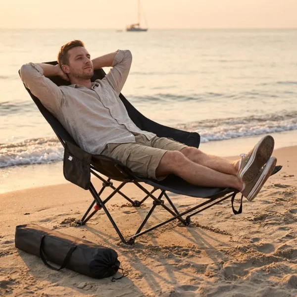300-Pound Heavy-Duty Foldable Beach Chair with Adjustable Height and Crossed Backrest – Portable Outdoor Chair for Camping, Fish