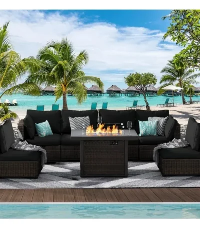 /Garden Furniture 7 Pie Set with Fire Pit Table, Rattan Outdoor Patio Sectional Conversation Furniture Sets WSeat Cushions 1
