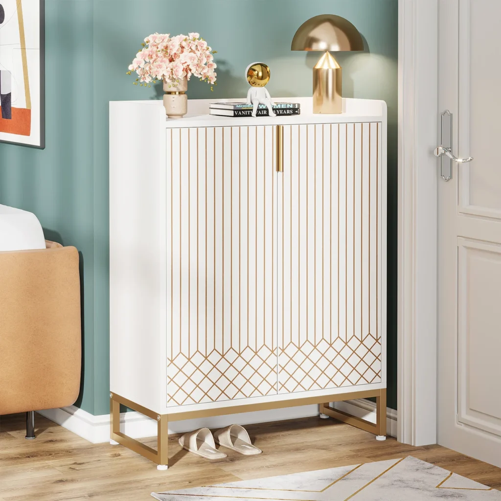 Tribesigns White Shoe Cabinets with Doors, 5-Tier Shoe Rack, Wood Storage Cabinet for Bedroom Hallway Living Room 1
