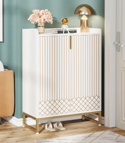 Tribesigns White Shoe Cabinets with Doors, 5-Tier Shoe Rack, Wood Storage Cabinet for Bedroom Hallway Living Room 1