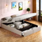 Bed 140 x 200 cm, upholstered bed without headboard, hydraulic storage bed with 2 drawers, double bed, bed frame with storage, for adults & teenagers, linen, without mattress, beige