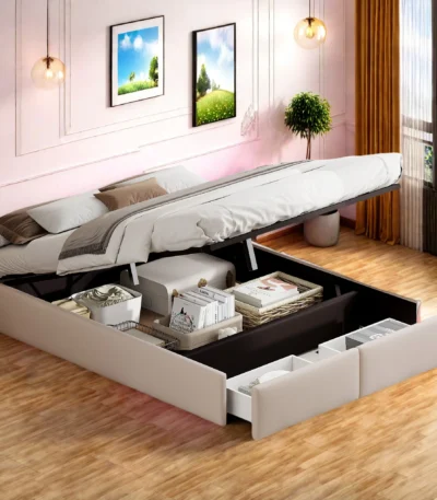 Bed 140 x 200 cm, upholstered bed without headboard, hydraulic storage bed with 2 drawers, double bed, bed frame with storage, for adults & teenagers, linen, without mattress, beige 1