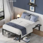 Bed Frame 140 x 200 with Metal Base, Metal Frame with Storage Shelves, Headboard, Classic Black