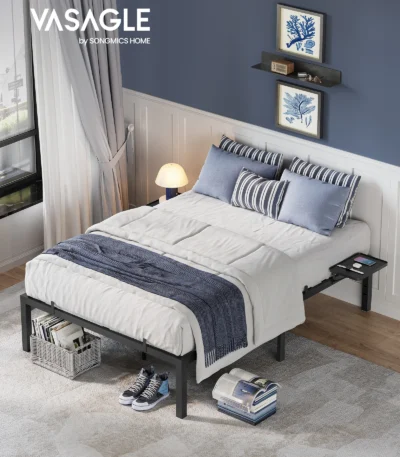 Bed Frame 140 x 200 with Metal Base, Metal Frame with Storage Shelves, Headboard, Classic Black 1