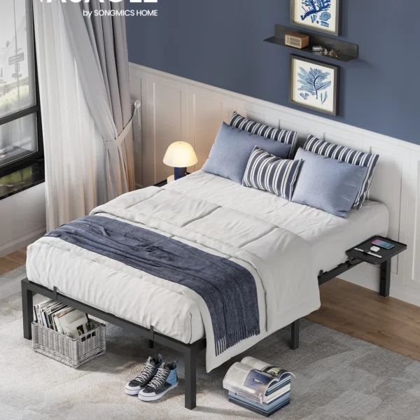 Bed Frame 140 x 200 with Metal Base, Metal Frame with Storage Shelves, Headboard, Classic Black