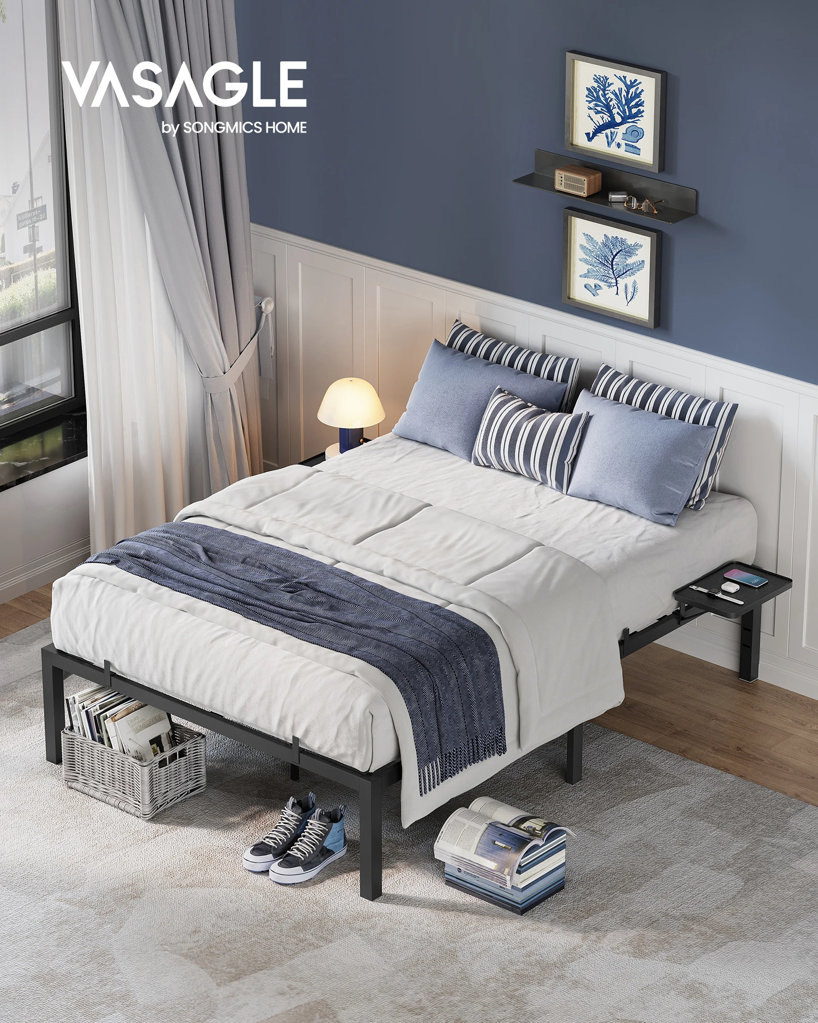 Bed Frame 140 x 200 with Metal Base, Metal Frame with Storage Shelves, Headboard, Classic Black Bed Frame 140 x 200 with Metal Base, Metal Frame with Storage Shelves, Headboard, Classic Black