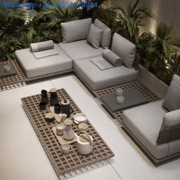 Outdoor Teak Sofa Set for Courtyard, Villa, Hotel, Resort, Rattan Woven Waterproof and Sunproof Solid Wood Sofa
