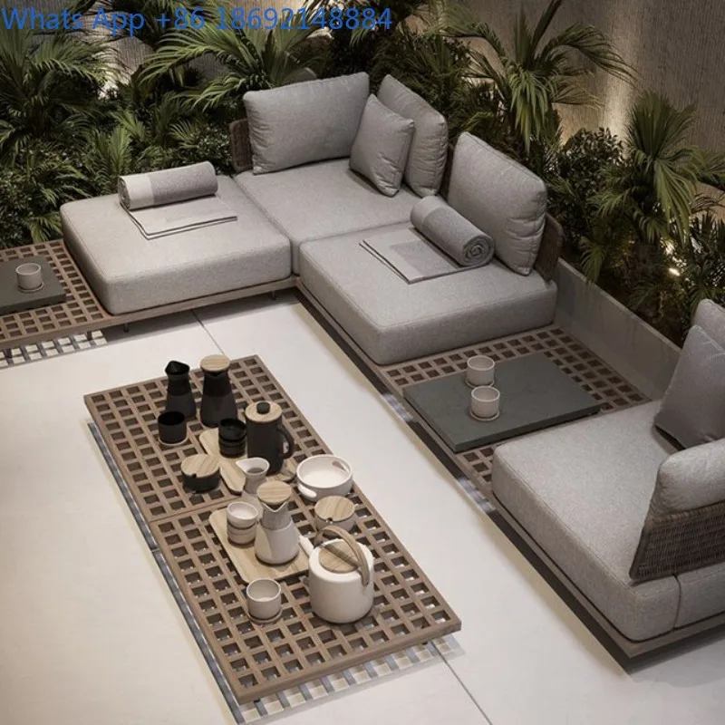 Outdoor Teak Sofa Set for Courtyard, Villa, Hotel, Resort, Rattan Woven Waterproof and Sunproof Solid Wood Sofa Outdoor Teak Sofa Set for Courtyard, Villa, Hotel, Resort, Rattan Woven Waterproof and Sunproof Solid Wood Sofa