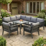 6-Seater Corner Garden Lounge Set, Outdoor Furniture Set with 2 Glass Coffee Tables, Galvanized Iron Frame, Hand-Woven Rope Armrests, Gray