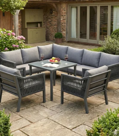 6-Seater Corner Garden Lounge Set, Outdoor Furniture Set with 2 Glass Coffee Tables, Galvanized Iron Frame, Hand-Woven Rope Armrests, Gray 1