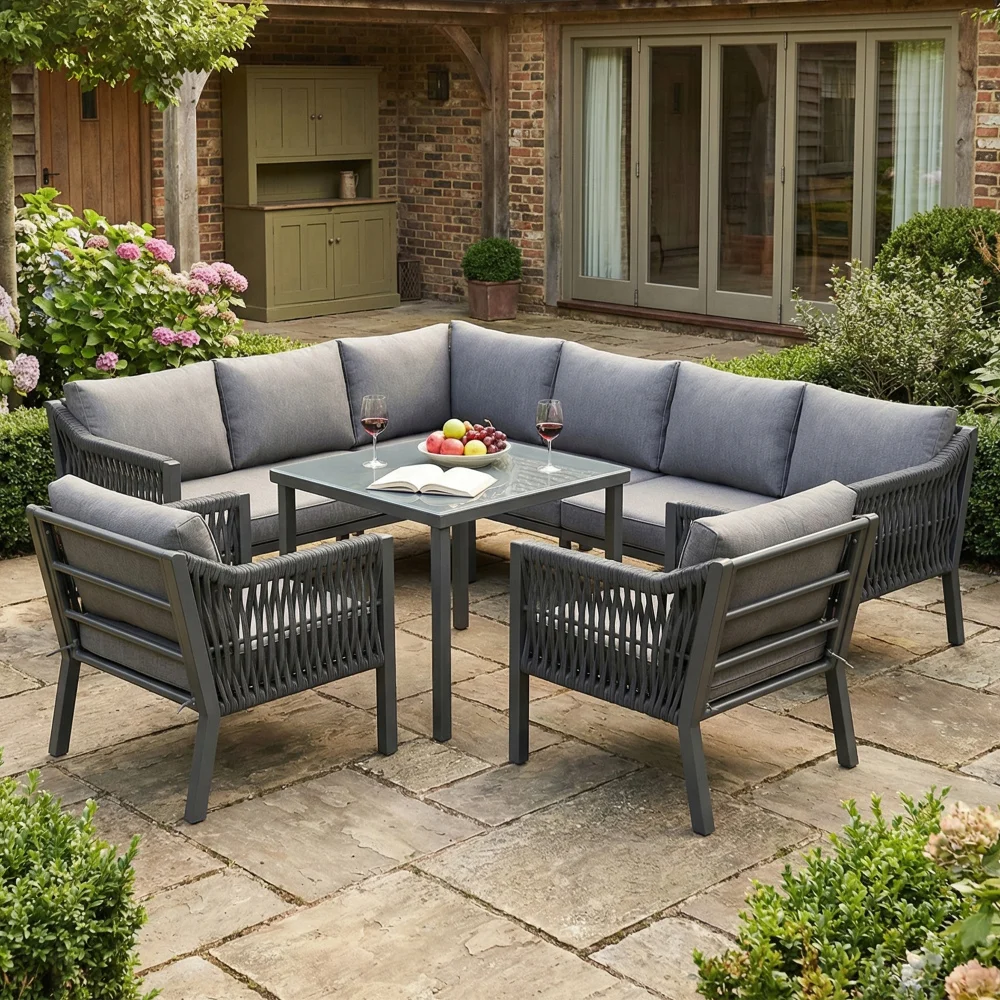 6-Seater Corner Garden Lounge Set, Outdoor Furniture Set with 2 Glass Coffee Tables, Galvanized Iron Frame, Hand-Woven Rope Armrests, Gray 6-Seater Corner Garden Lounge Set, Outdoor Furniture Set with 2 Glass Coffee Tables, Galvanized Iron Frame, Hand-Woven Rope Armrests, Gray