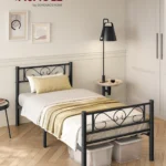 90 x 190 Bed Frame with Metal Base, Single Bed, Metal, Easy Assembly, for Small Spaces, Guest Room, Teen Room, Ink Black/White