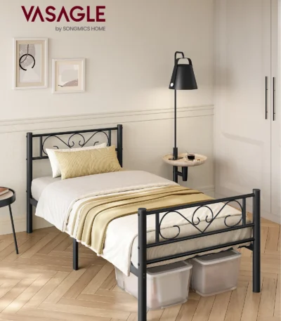 90 x 190 Bed Frame with Metal Base, Single Bed, Metal, Easy Assembly, for Small Spaces, Guest Room, Teen Room, Ink Black/White 1