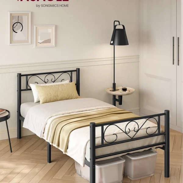 90 x 190 Bed Frame with Metal Base, Single Bed, Metal, Easy Assembly, for Small Spaces, Guest Room, Teen Room, Ink Black/White
