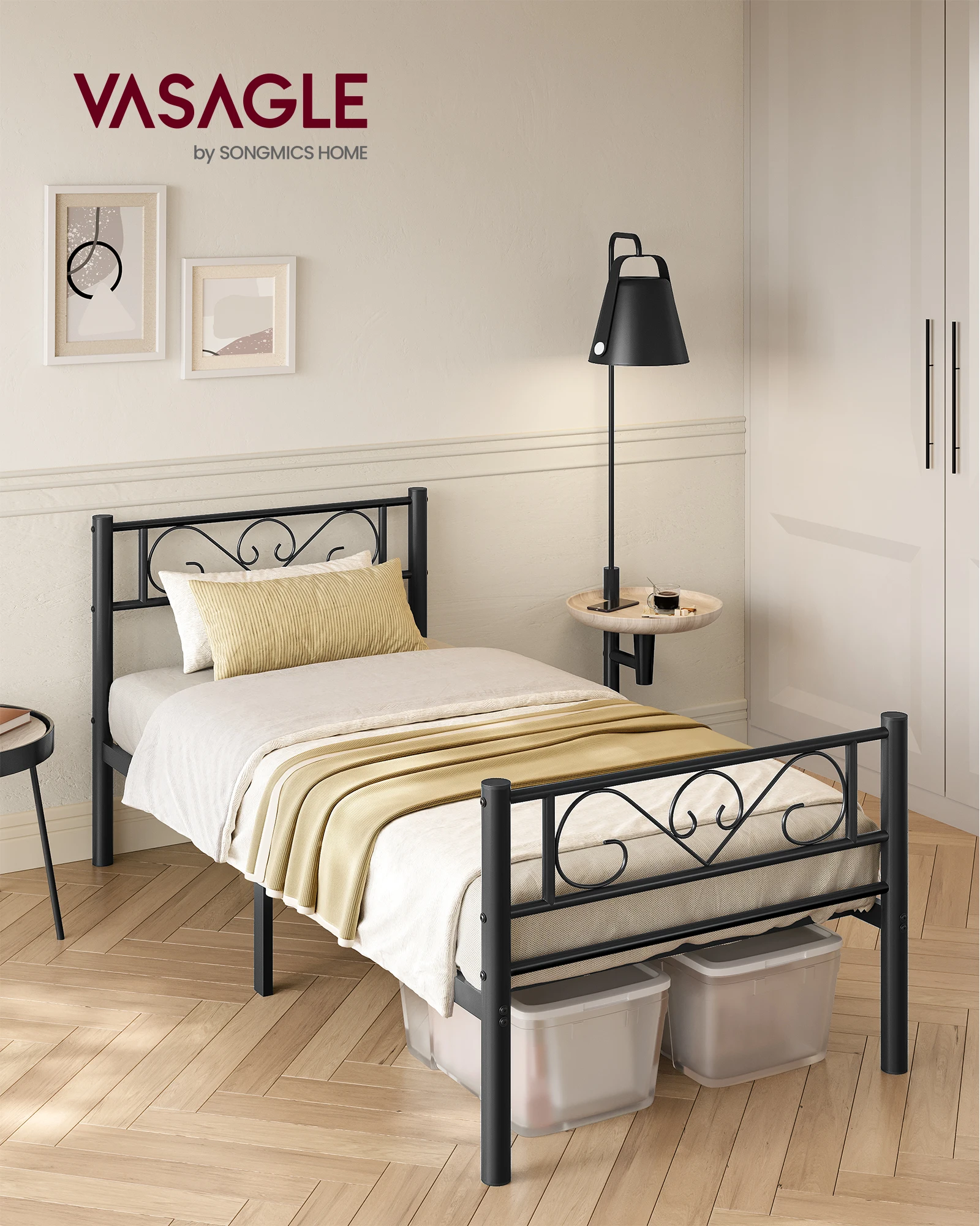 90 x 190 Bed Frame with Metal Base, Single Bed, Metal, Easy Assembly, for Small Spaces, Guest Room, Teen Room, Ink Black/White 90 x 190 Bed Frame with Metal Base, Single Bed, Metal, Easy Assembly, for Small Spaces, Guest Room, Teen Room, Ink Black/White
