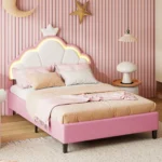 Rosahqnda Children’s bed, girls Single bed, Double Bed, Crown Shape Princess bed, Adjustable Headboard, Pink