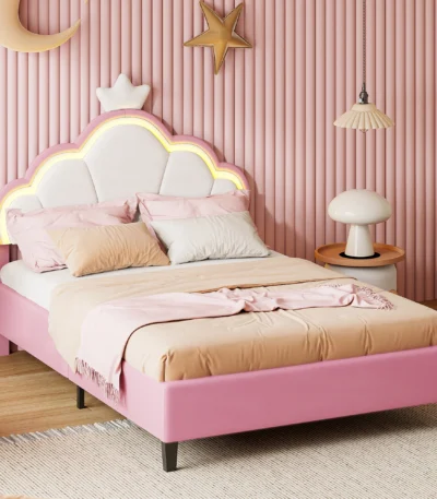Rosahqnda Children's bed, girls Single bed, Double Bed, Crown Shape Princess bed, Adjustable Headboard, Pink 1