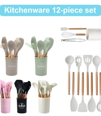 12Pcs Kitchen Utensil Set Cooking Tools Kit Wooden Handle Heat-Resistant Cookware with Holder Non-Stick Spatula Set for Kitchen 1