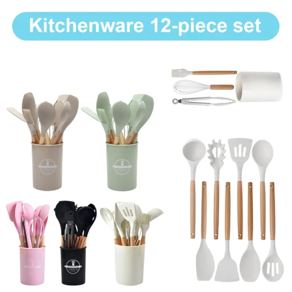 12Pcs Kitchen Utensil Set Cooking Tools Kit Wooden Handle Heat-Resistant Cookware with Holder Non-Stick Spatula Set for Kitchen