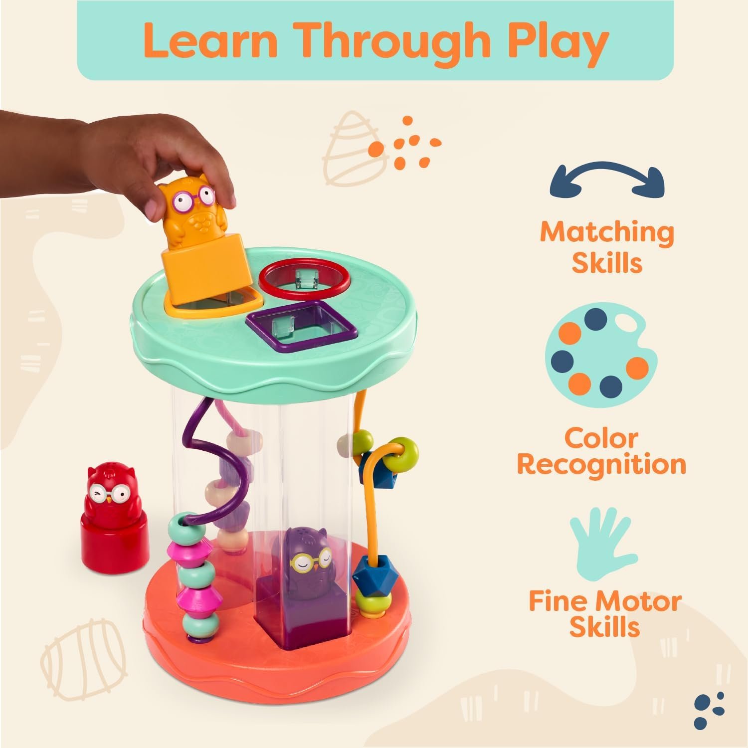 B. toys – Baby Shape Sorter – Sorting Toy with 3 Owls – Colorful Shapes, Bead Maze & Fun Sounds – Developmental & Educational Game for Babies & Toddlers – Hooty – Hoo – 10+ Months - Image 7